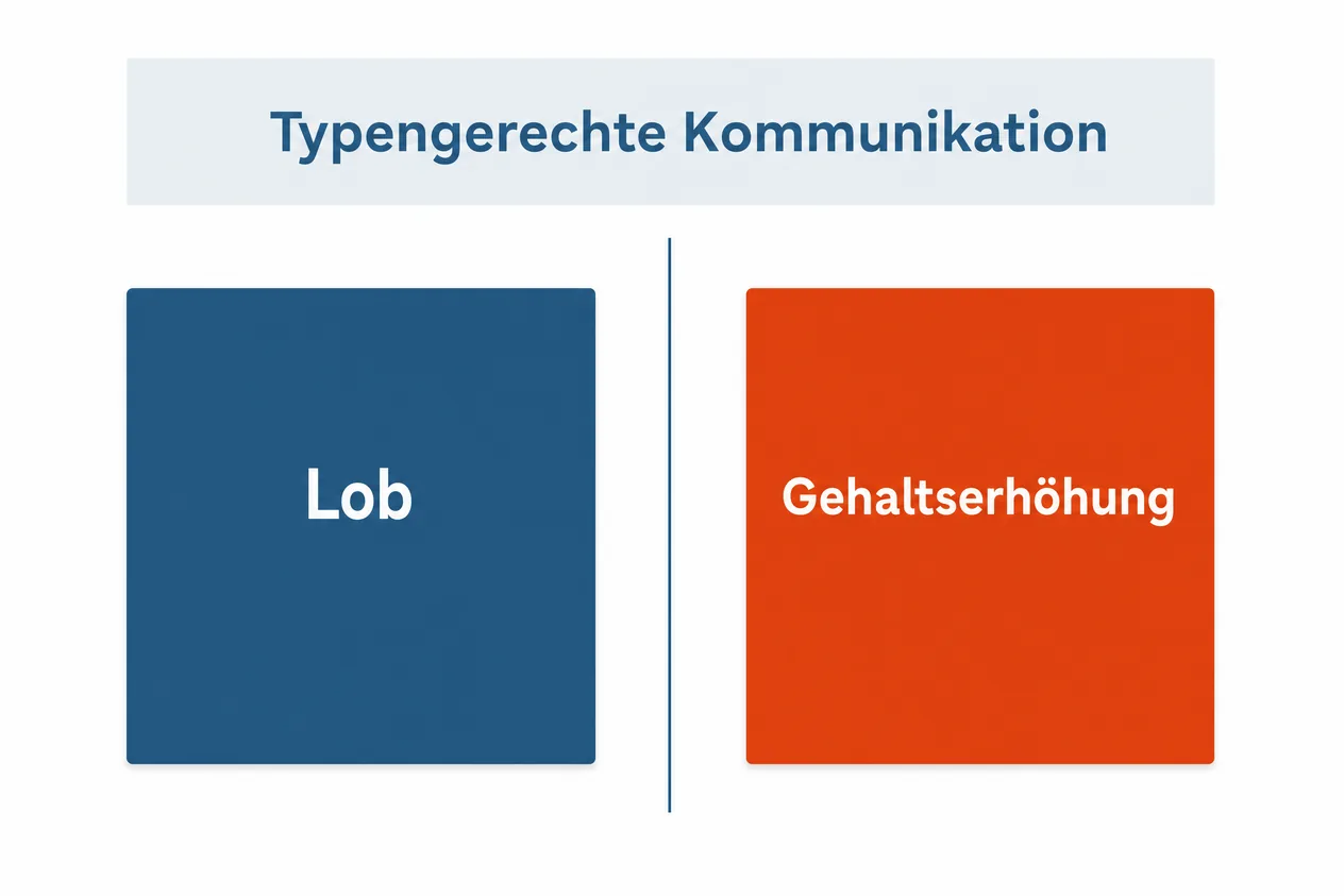Zwei gleich große Karten mit Lob und Gehaltserhöhung stehen sich getrennt durch eine Linie unter der Überschrift Typengerechte Kommunikation gegenüber.