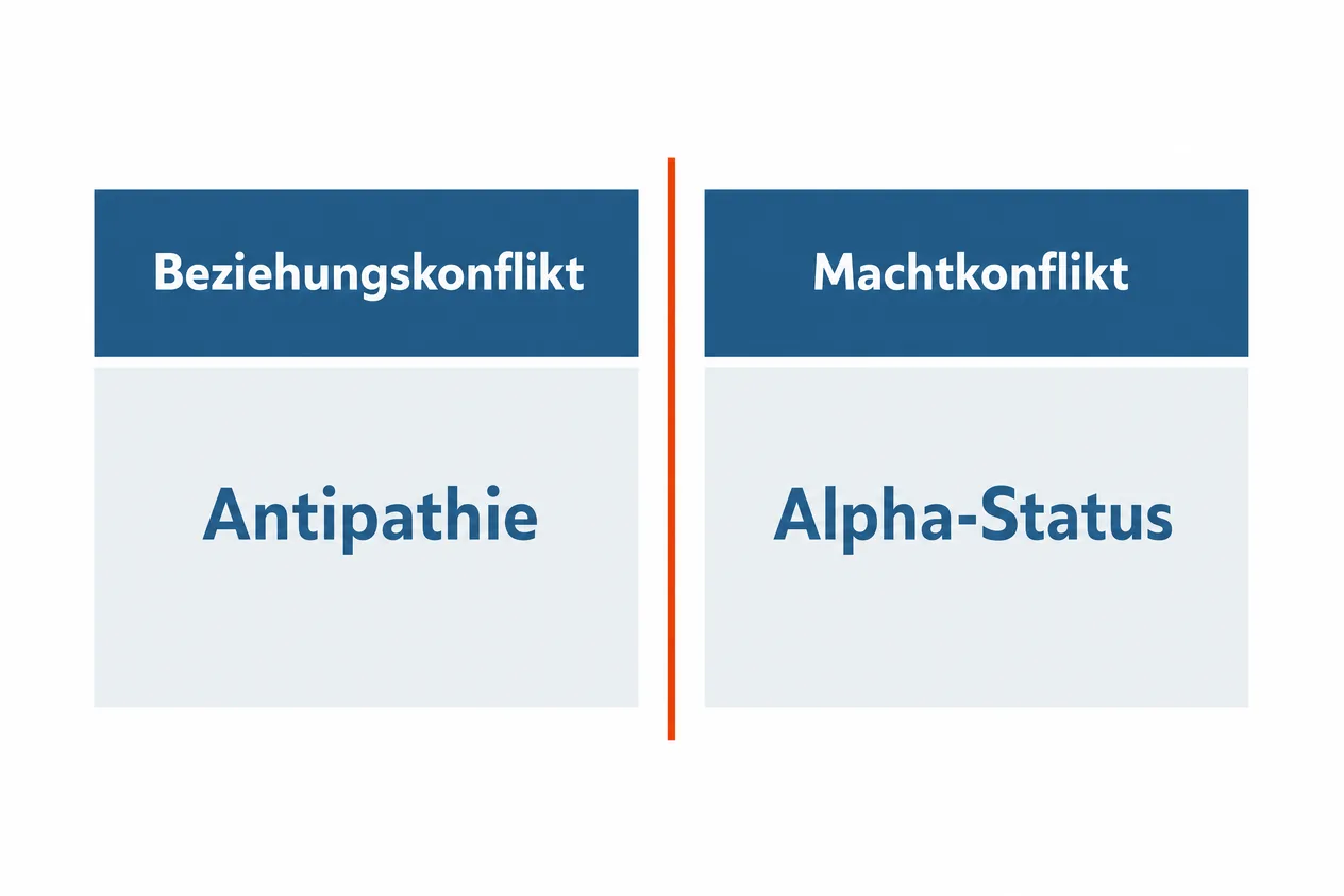 Zwei Spalten im Vergleich: Beziehungskonflikt mit Antipathie und Machtkonflikt mit Alpha-Status