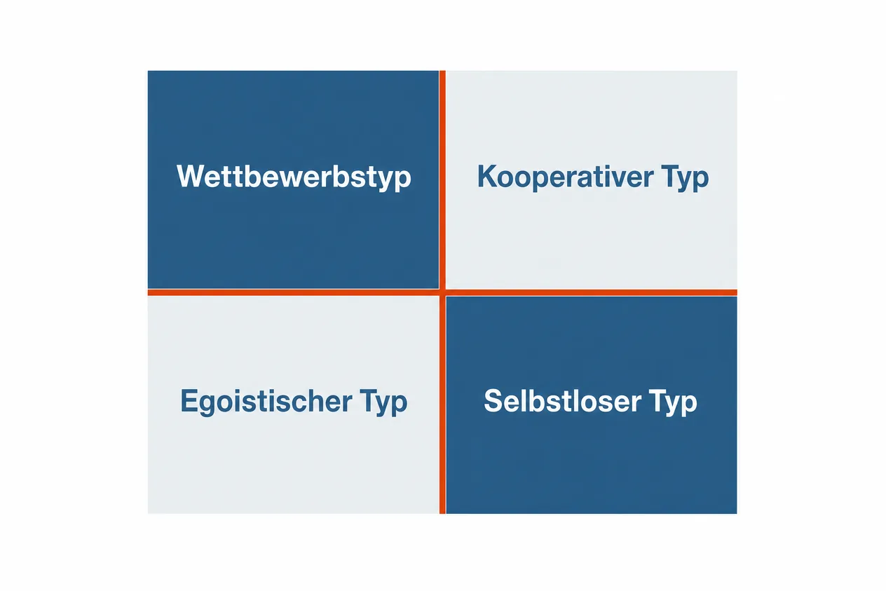 Raster aus vier Feldern mit den Bezeichnungen Wettbewerbstyp, kooperativer Typ, egoistischer Typ und selbstloser Typ