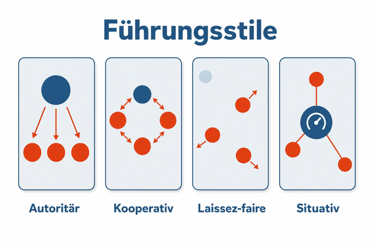 Vier Karten mit Symbolen für die Führungsstile autoritär, kooperativ, Laissez-faire und situativ