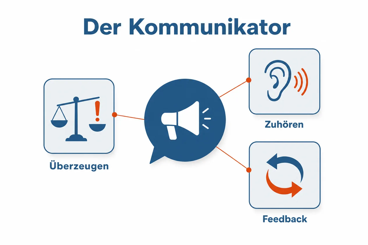 Schaubild der Rolle Kommunikator: eine Sprechblase in der Mitte, verbunden mit drei Feldern für Überzeugen, Zuhören und Feedback