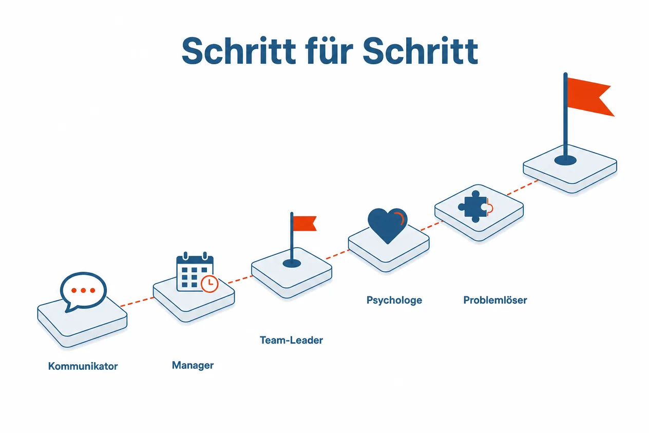 Ein ansteigender Weg aus fünf Trittsteinen mit den Rollen Kommunikator, Manager, Team-Leader, Psychologe und Problemlöser bis zu einer Zielfahne