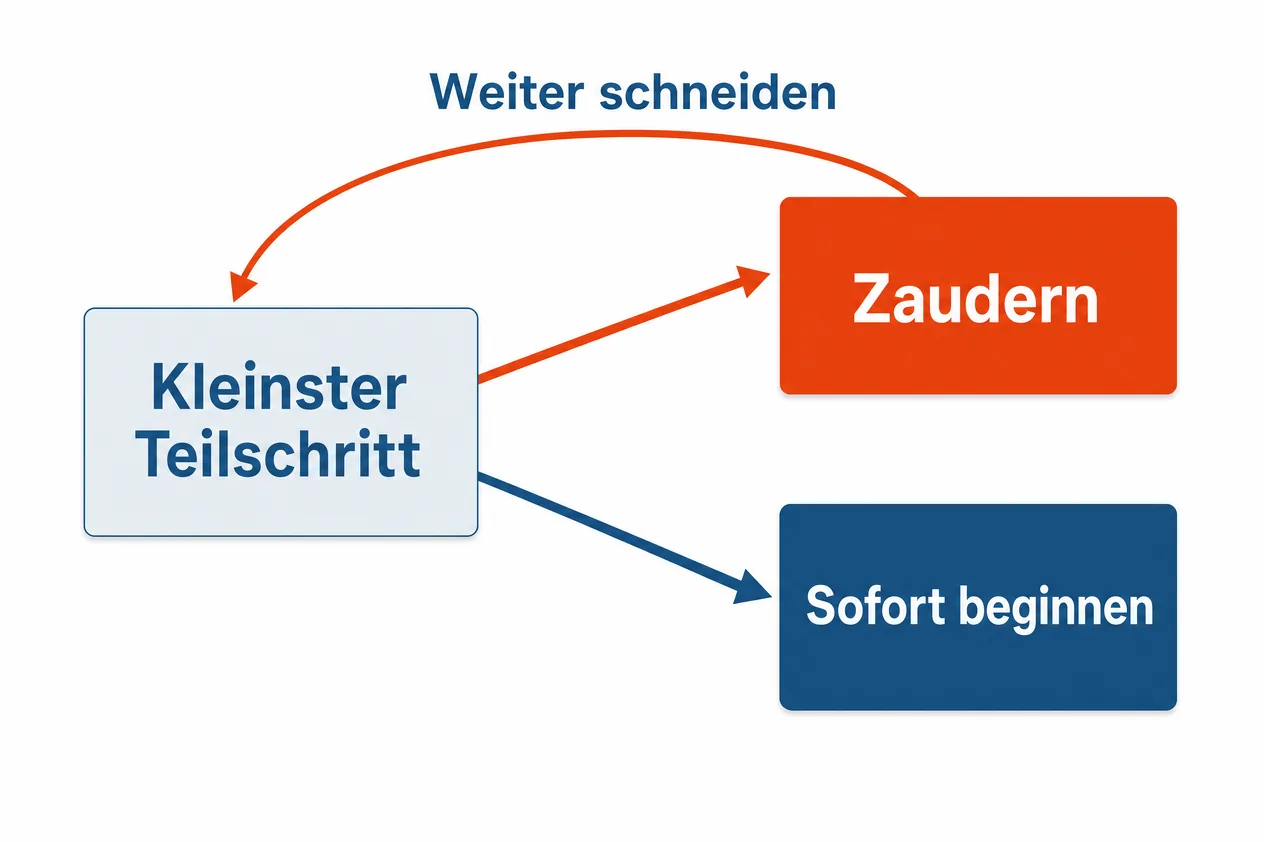 Schaubild: Vom kleinsten Teilschritt führen zwei Wege, einer über Zaudern zurück zum Weiter schneiden, einer zum Sofort beginnen.